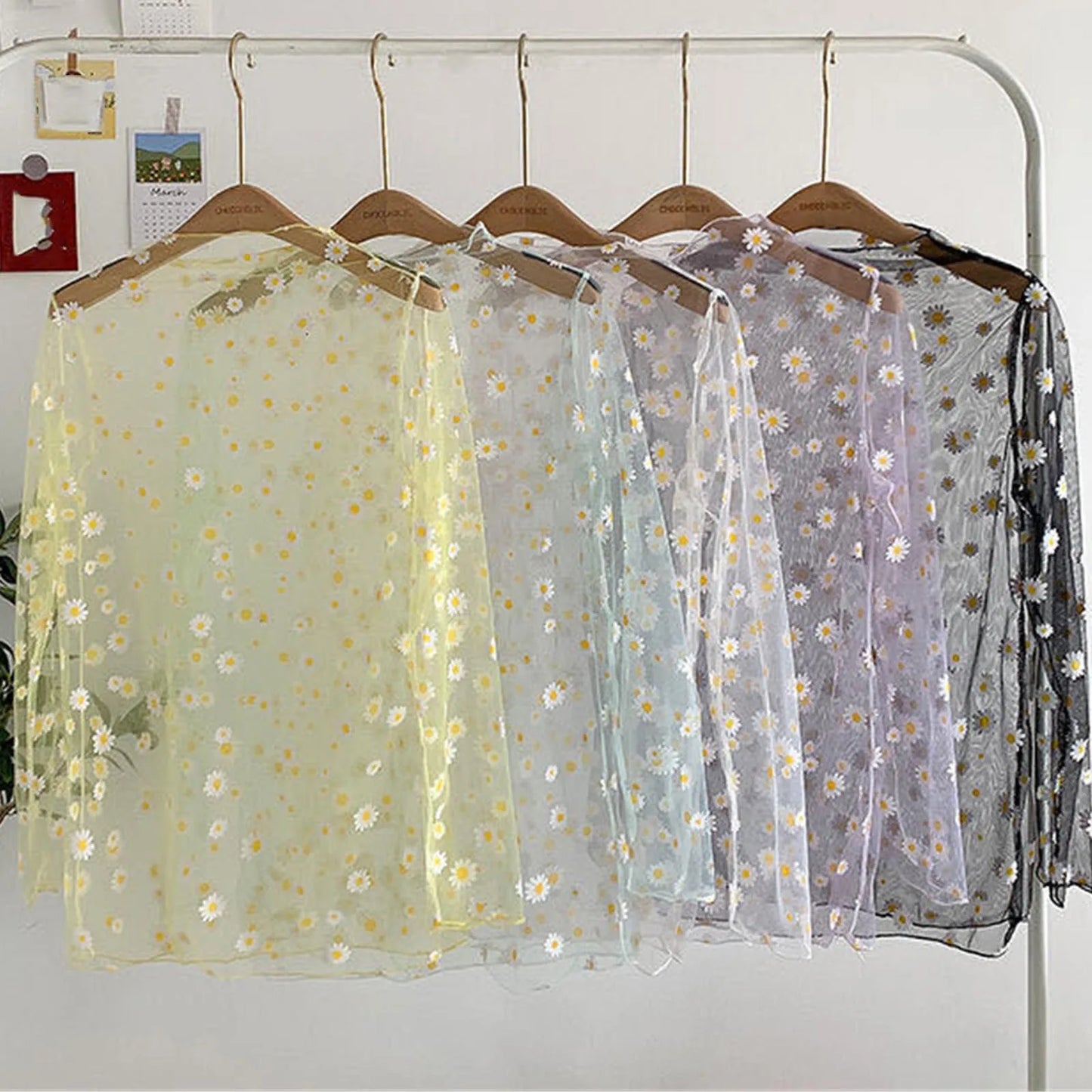 Women Daisy Print Lace Sheer Tops - Sexy Long Sleeve Mesh Shirts for Summer 2024