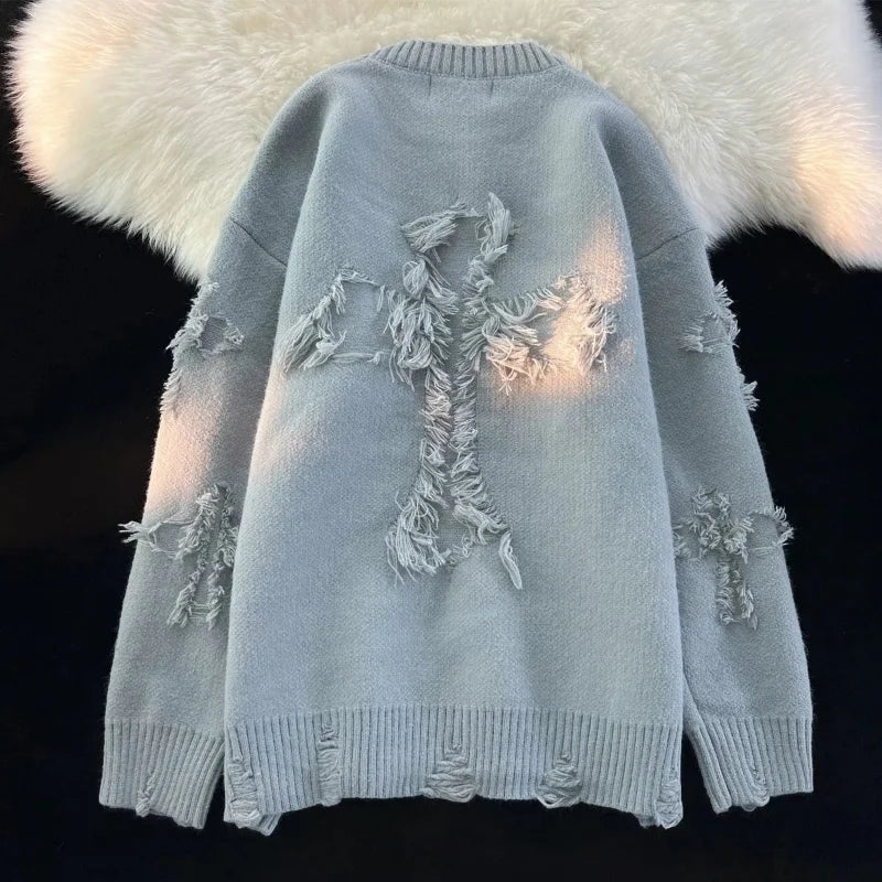 American High Street Fashion Brand Cross Ripped Sweater