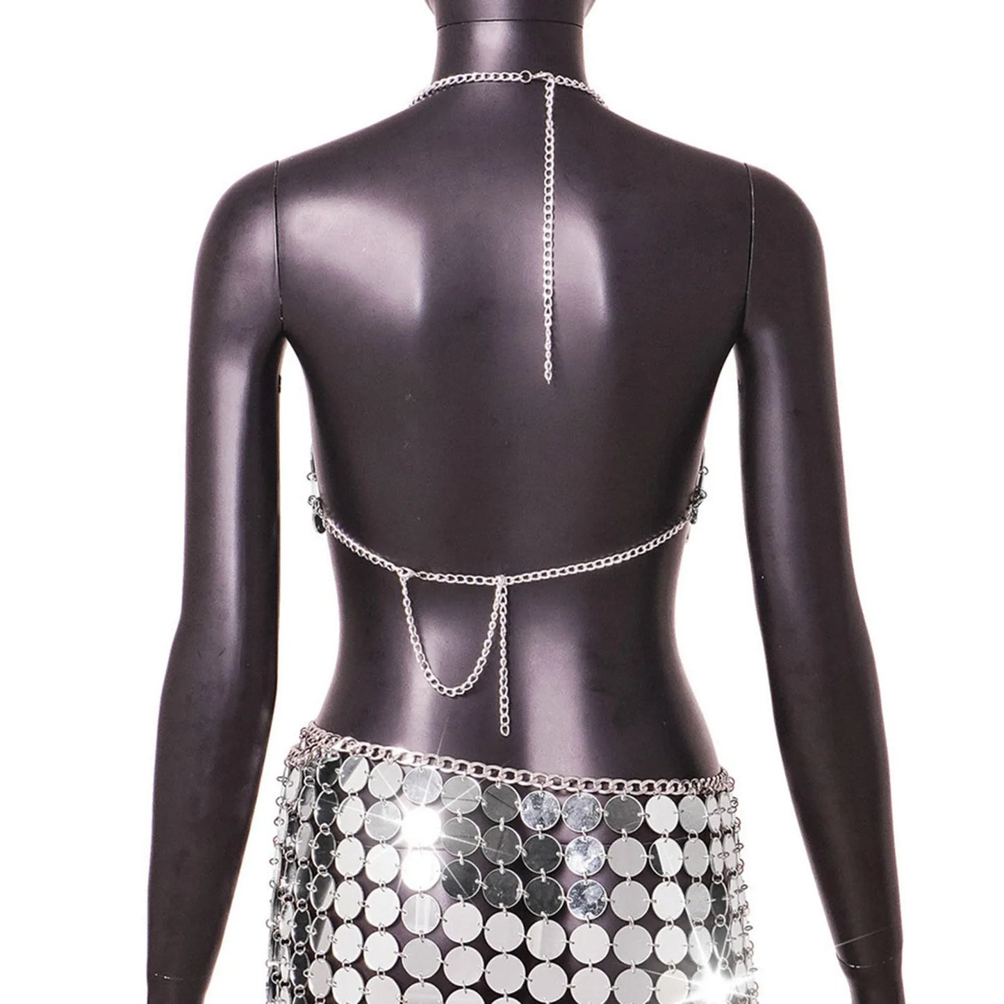 Women Sequin Chain Metal Chain Carnival Backless Metallic Hollow Adjustable Reflective Nightclub Party Camisole Top