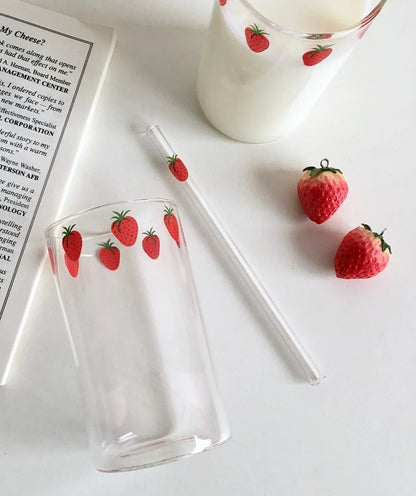 Adorable Strawberry Glass Cup with Straw