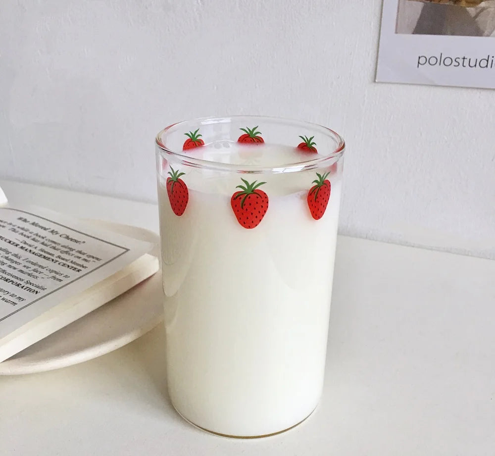 Adorable Strawberry Glass Cup with Straw