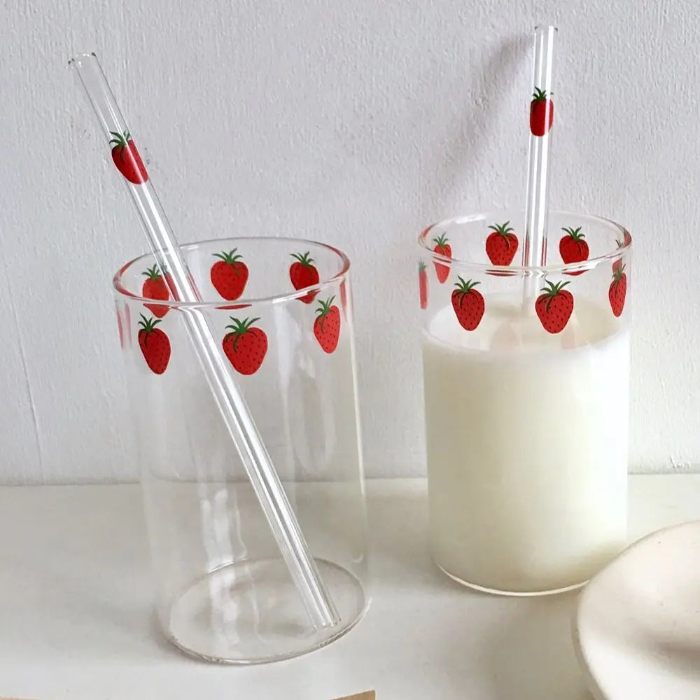 Adorable Strawberry Glass Cup with Straw
