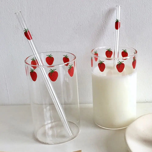 Adorable Strawberry Glass Cup with Straw