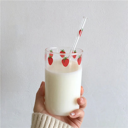 Adorable Strawberry Glass Cup with Straw