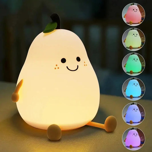 LED Pear Fruit Silicone Night Light – 7 Colors Dimming Touch USB Rechargeable