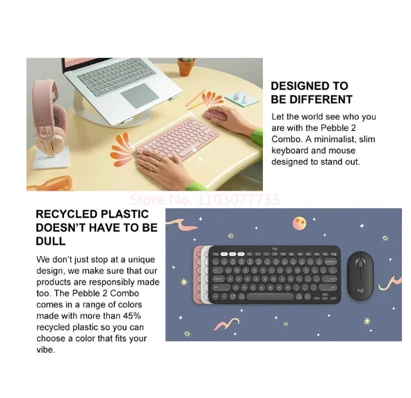 Logitech Pebble 2 Combo – Wireless Keyboard & Mouse Set, Quiet Typing, Multi-Device Support for Home & Office