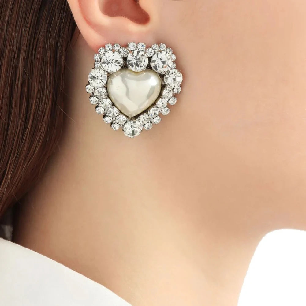 Crystal & Pearl Heart Stud Clip-on Earrings