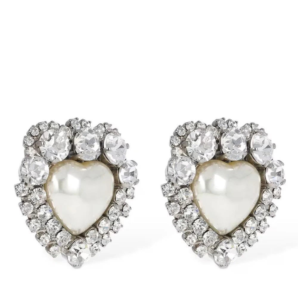 Crystal & Pearl Heart Stud Clip-on Earrings