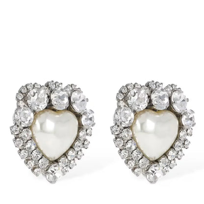 Crystal & Pearl Heart Stud Clip-on Earrings