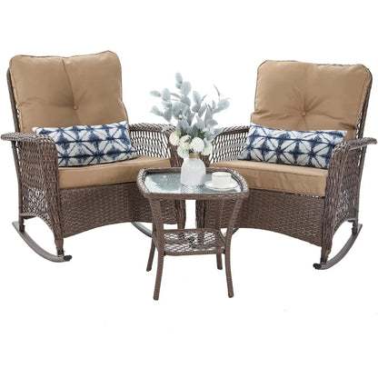 New Patio Furniture Set - 3 Pieces Wicker Rocking Bistro Set with Thick Cushions