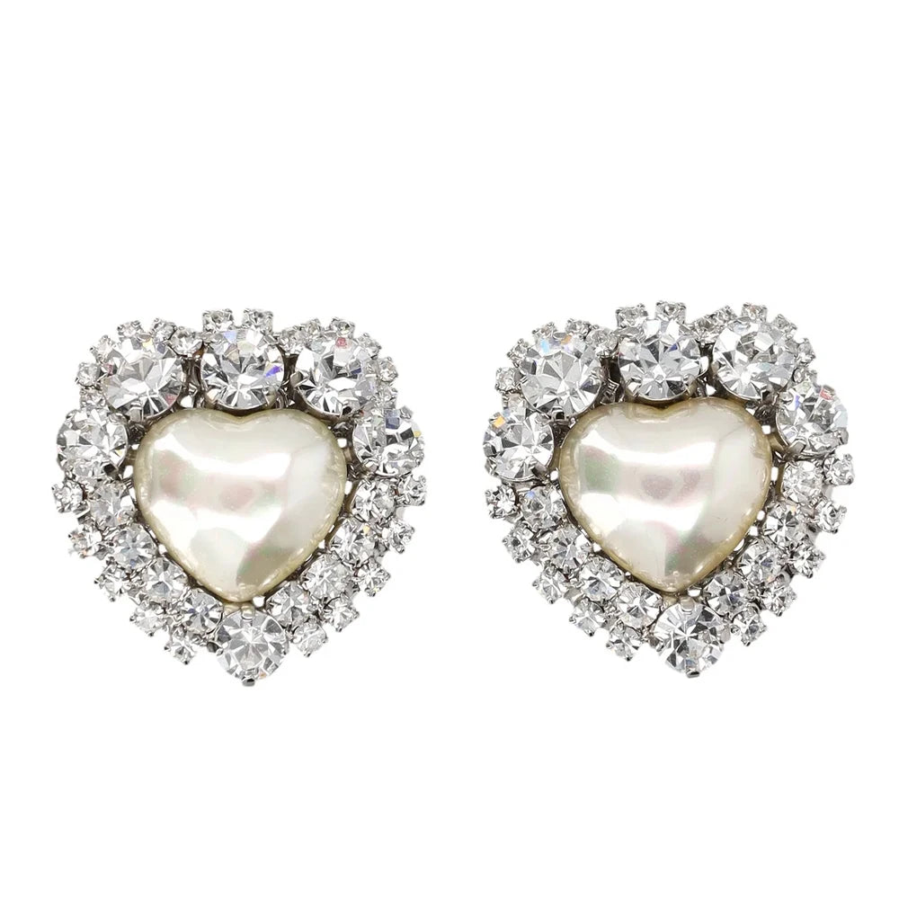 Crystal & Pearl Heart Stud Clip-on Earrings